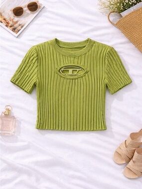 Fitted Ribbed Crop Top with Embroidered Oval Logo in Olive